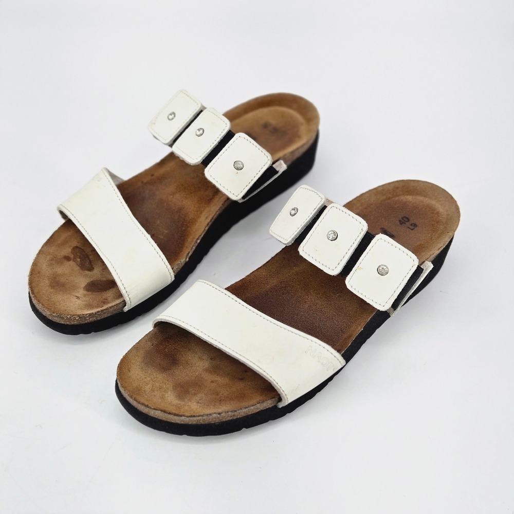 Women's Naot Ashley White Leather Rhinestone Accented Comfort Slide Sandals 40 9